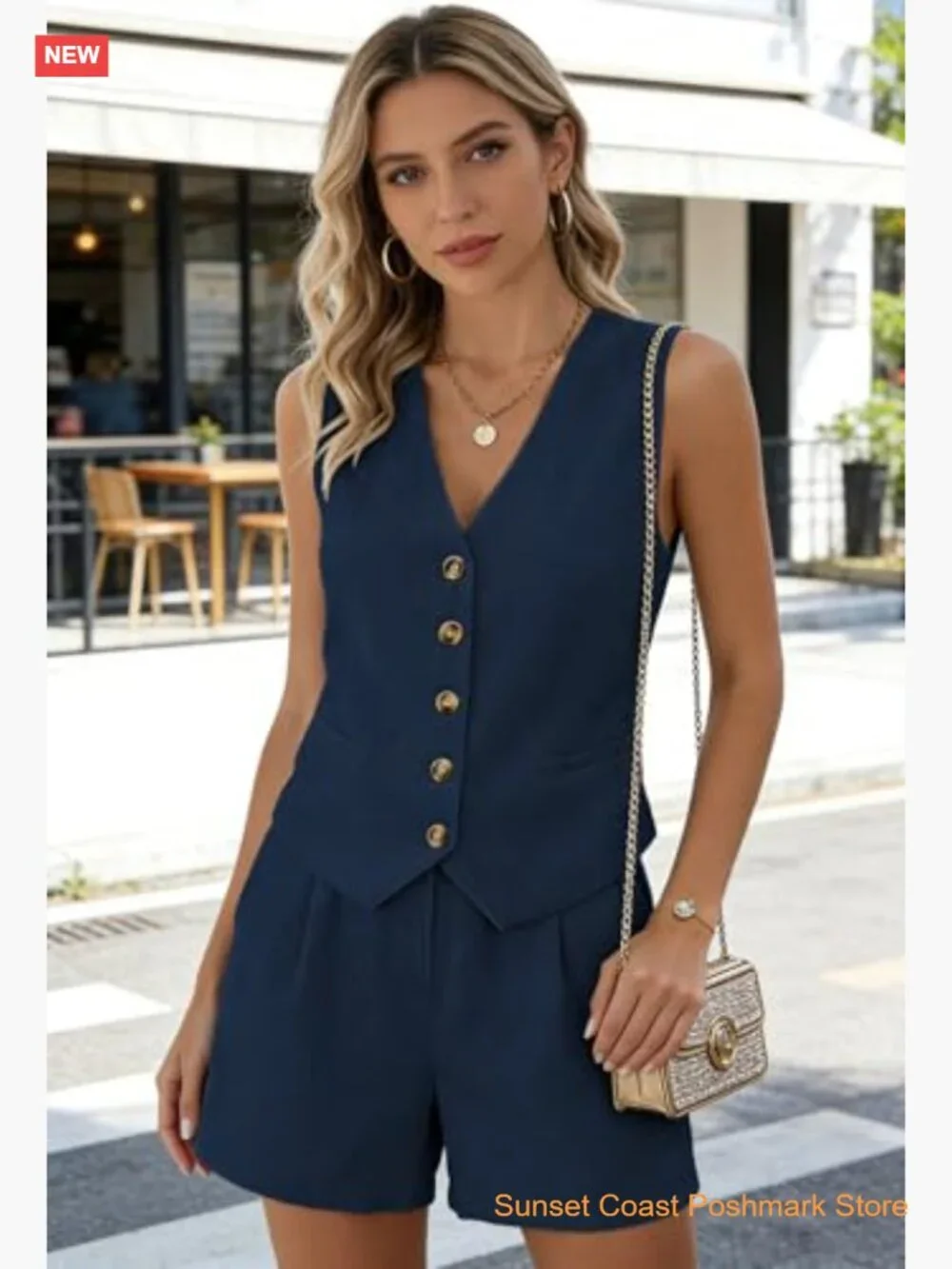 Womens 2 Piece Button Down Vest and Shorts Set with Pockets Matching Summer - Picture 2 of 7